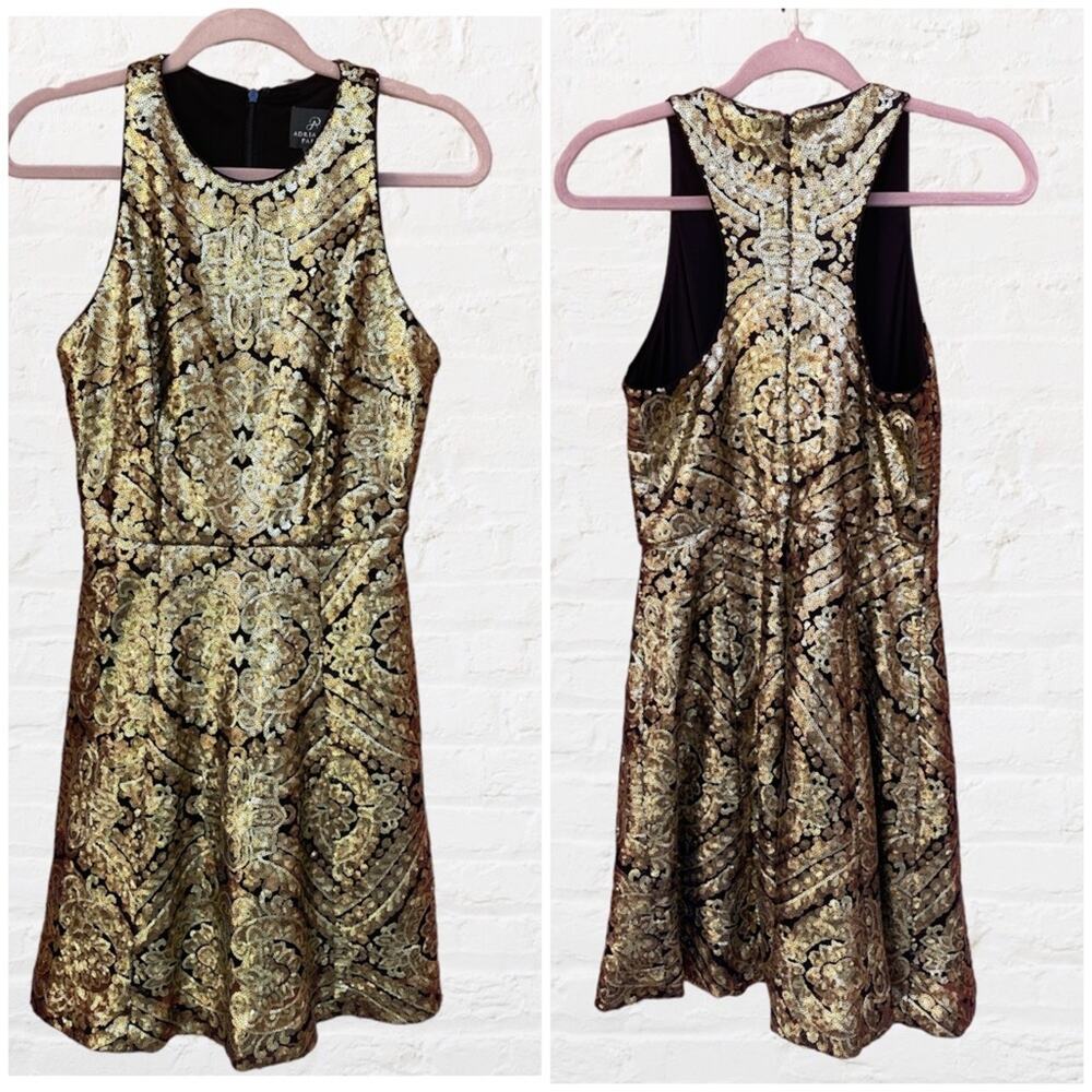 Adrianna Papell gold sequin fit and flare razorback dress, size 4